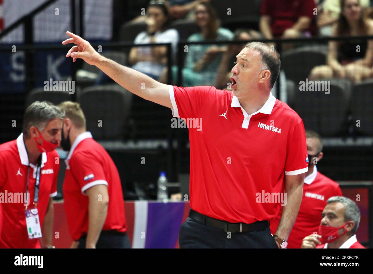 SPLIT, CROATIA - JULY 01: National coach of Croatia Veljko Mrsic gestures during the 2020 FIBA Men's Olympic Qualifying Tournament game between Croatia and Tunisia at Spaladium Arena on July 1, 2021 in Split, Croatia. Photo: Ivo Cagalj/PIXSELL Stock Photo