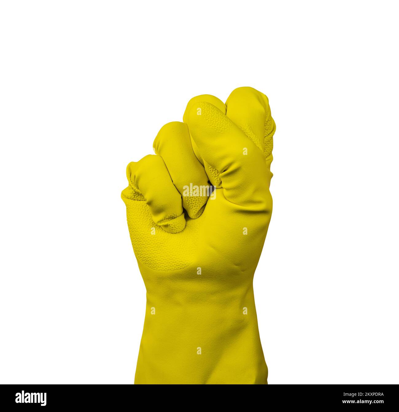 the fist from a hand wearing a yellow rubber glove Stock Photo