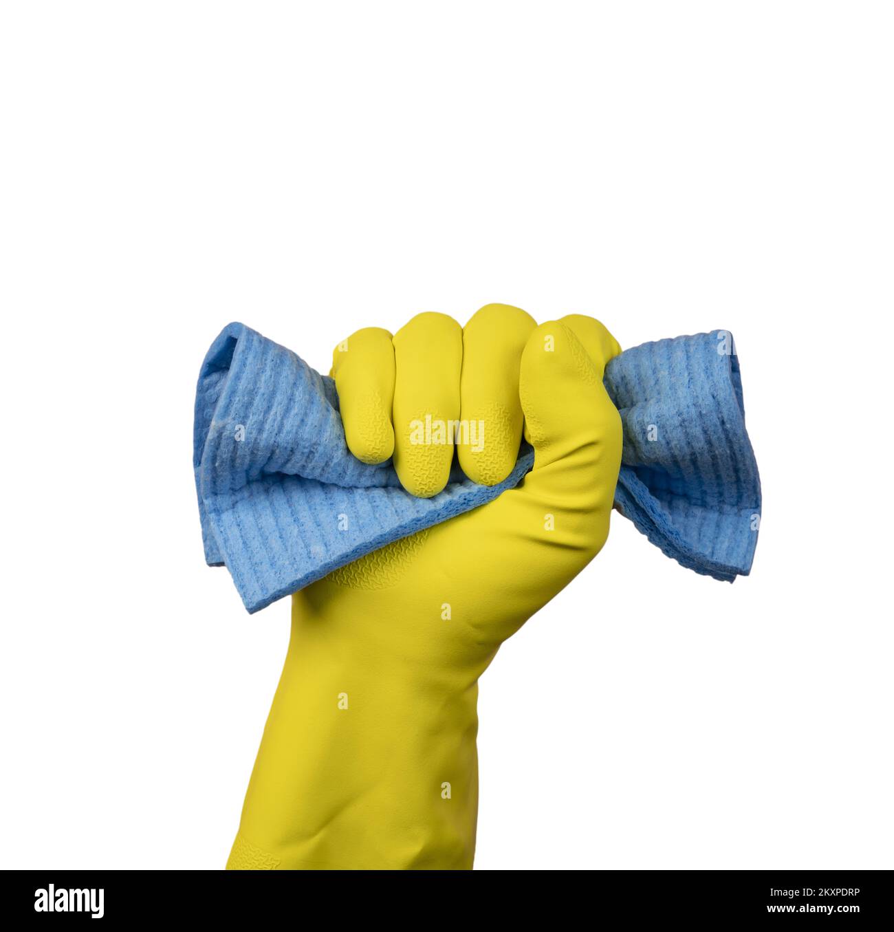 a hand with a yellow rubber glove holds a cleaning sponge Stock Photo