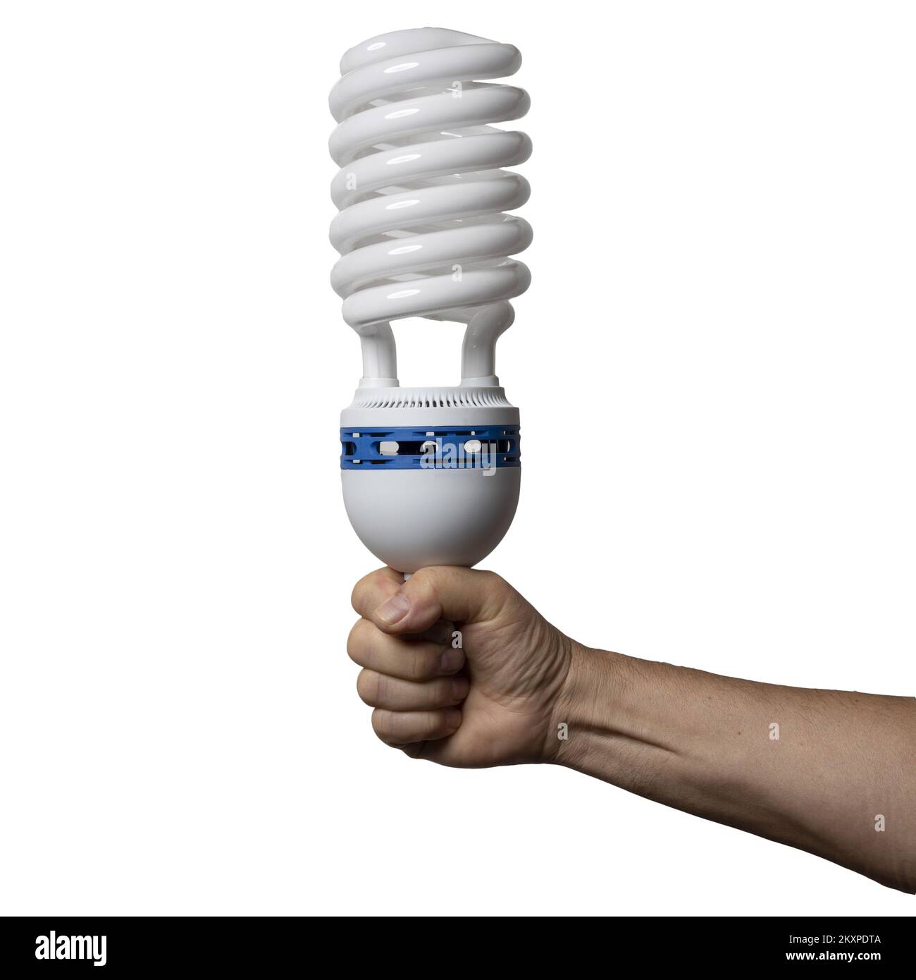a huge low-energy electronic light bulb in his hand Stock Photo