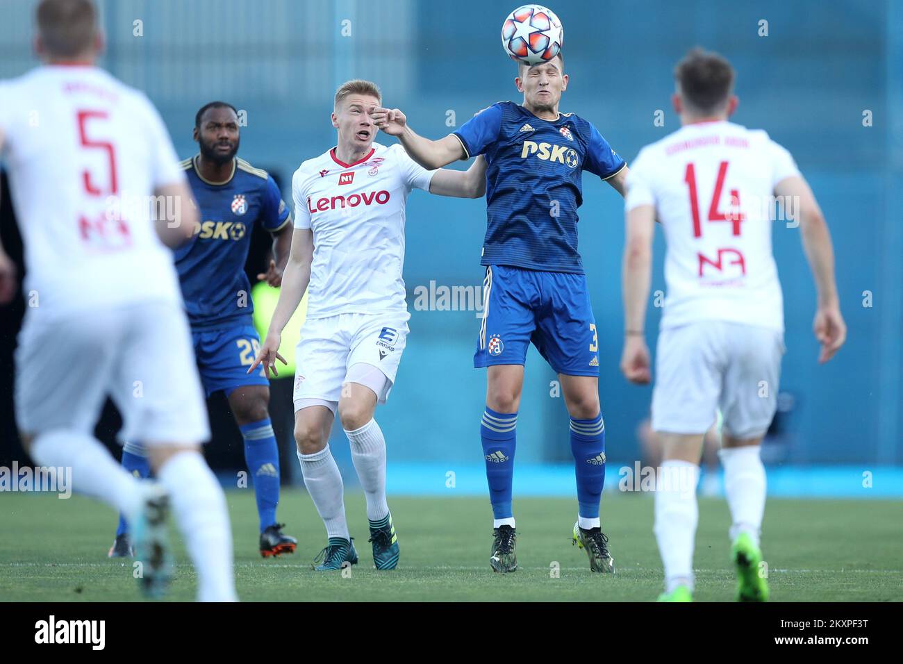 Daniel Stefulj of Dinamo Zagreb gets up for a header during UEFA Champions League First Qualifying Round match between GNK Dinamo Zagreb and Valur at Maksimir Stadium in Zagreb, Croatia on July 7, 2021. Photo: Igor Kralj/PIXSELL Stock Photo