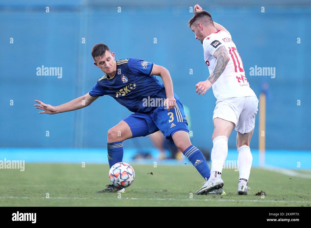 Daniel Stefulj of Dinamo Zagreb in action against Kristinn Freyr Sigurdsson of Valur during UEFA Champions League First Qualifying Round match between GNK Dinamo Zagreb and Valur at Maksimir Stadium in Zagreb, Croatia on July 7, 2021. Photo: Igor Kralj/PIXSELL Stock Photo
