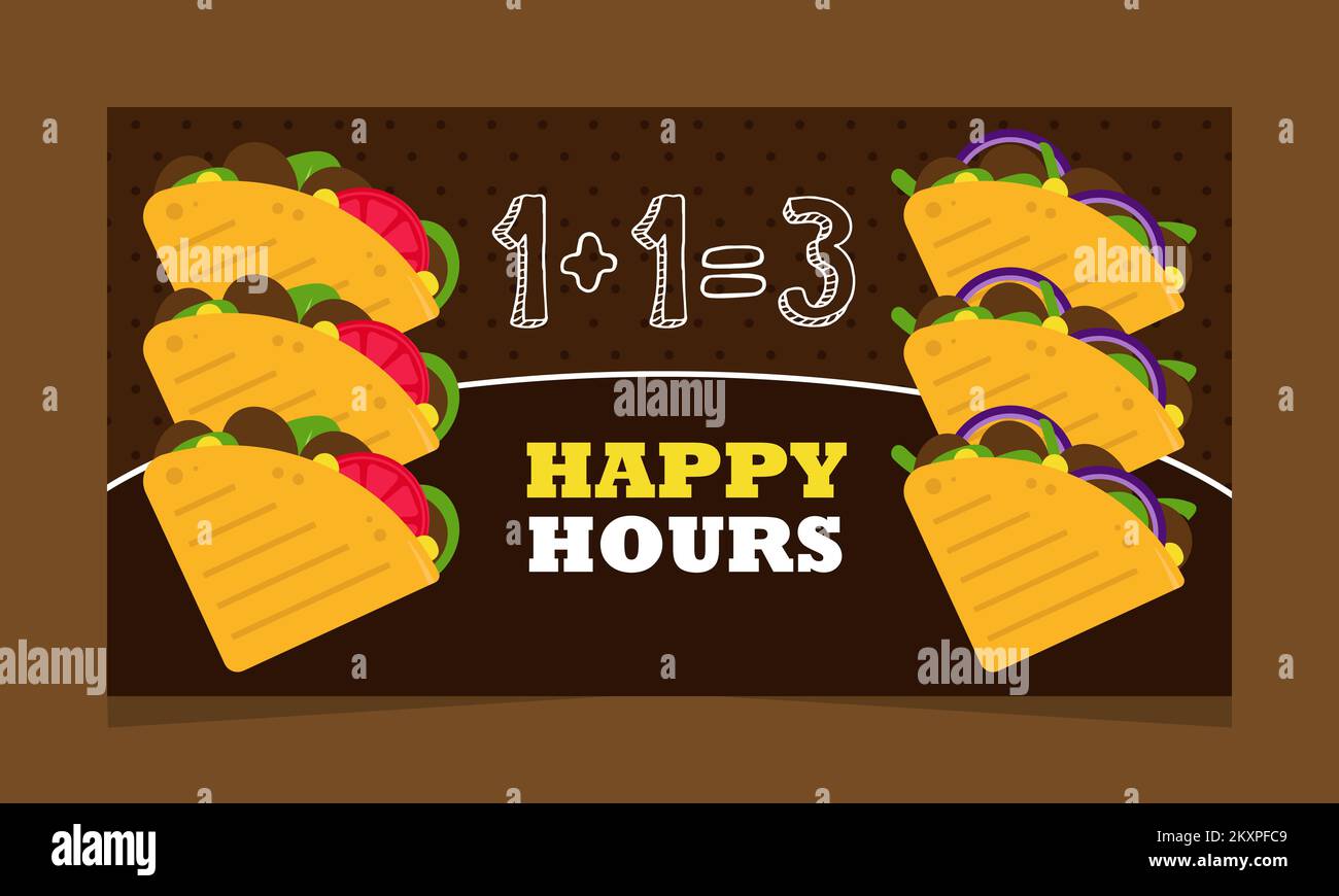 Discount and special offer on happy hour menu. Tasty mexican meal and snacks on sale in restaurants or bistro. Quesadilla with meat and vegetables Stock Vector