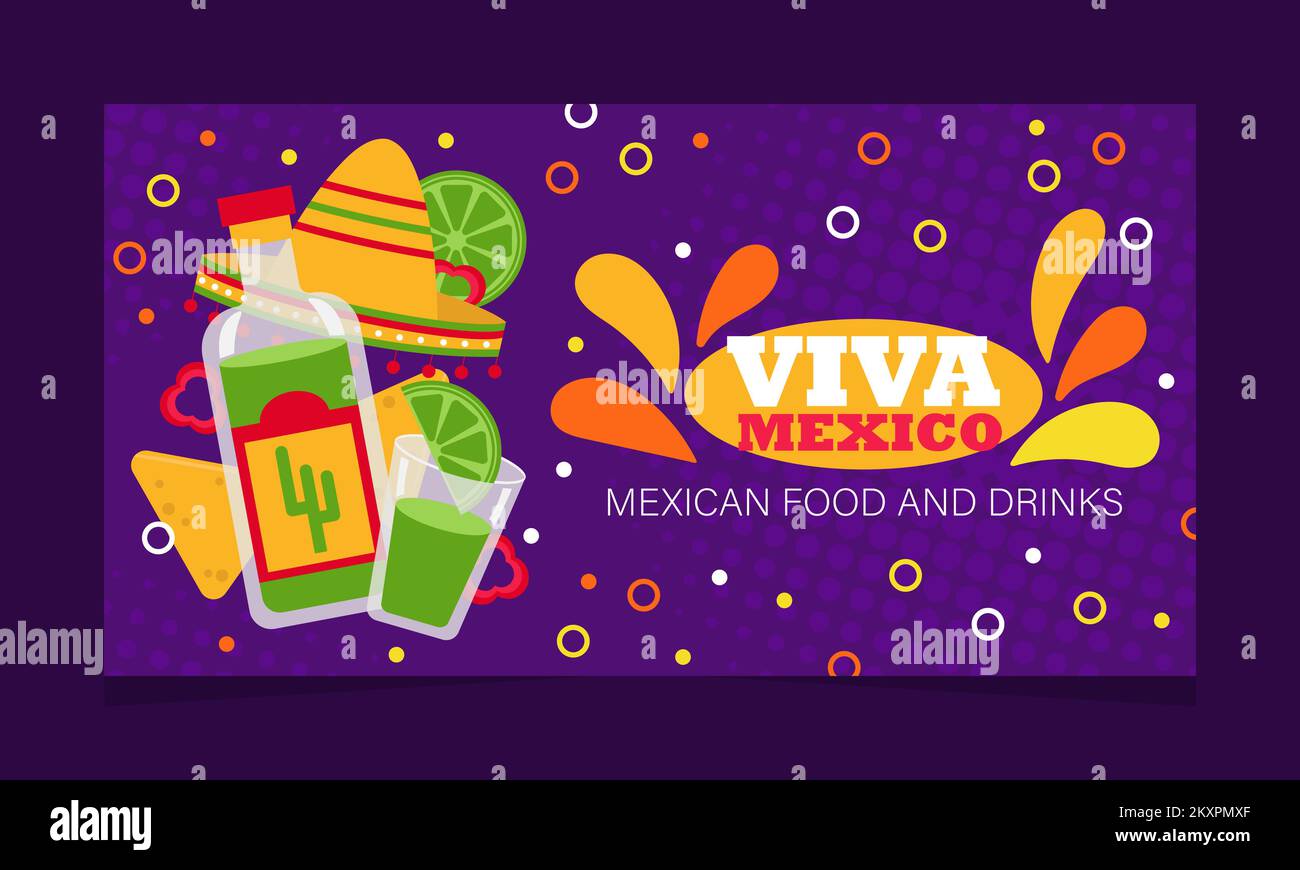 Viva mexico poster with tequila illustration. Vector promotion banner with national mexican drink and food. Stock Vector