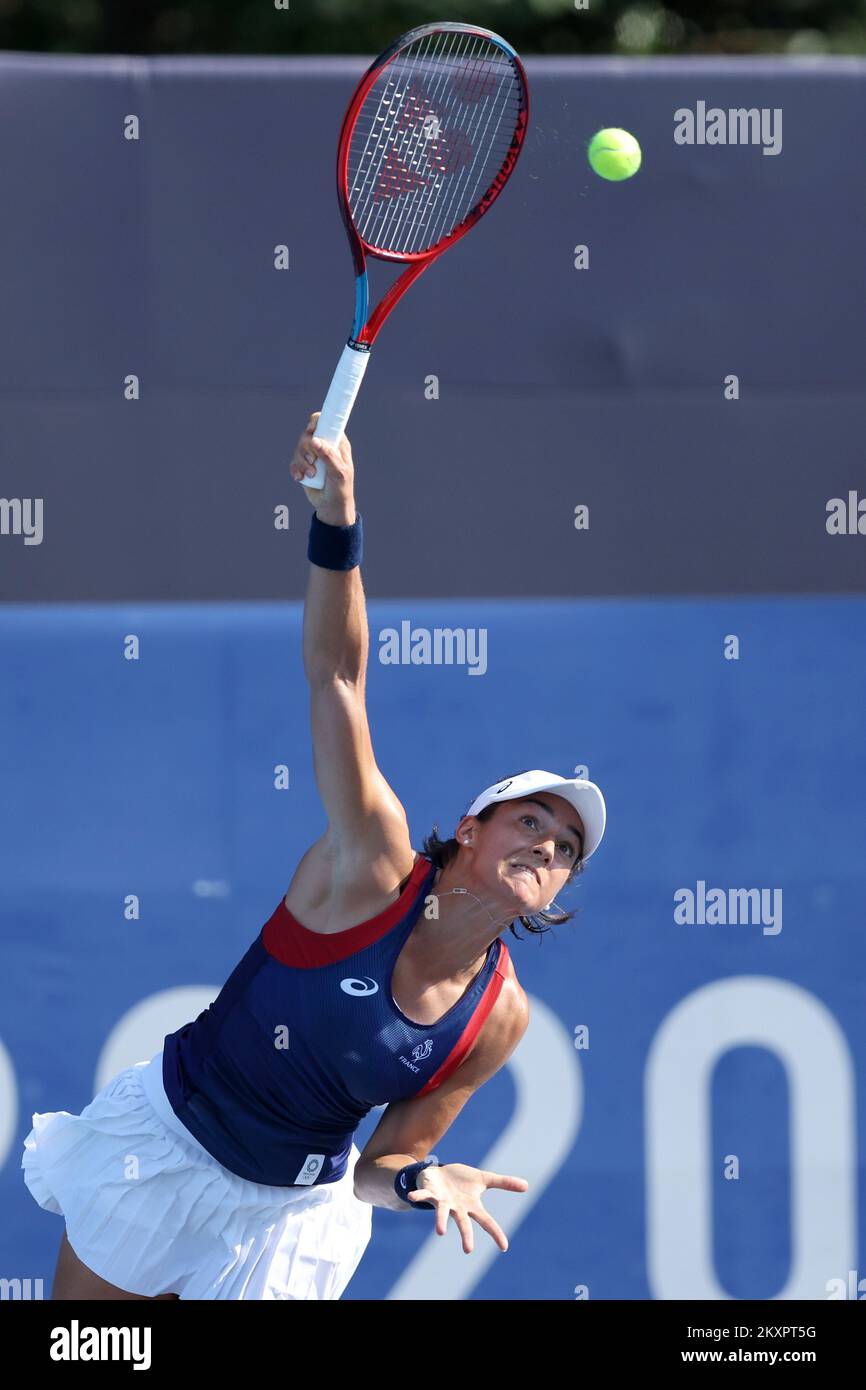 Caroline Garcia of France serves the ball during a tennis competition against Dona Vekic of Croatia at Women's Singles First Round, Tokyo 2020 Olympic Games at Ariake Tennis Park, in Tokyo, Japan, on July 25, 2021. Photo: Igor Kralj/PIXSELL Stock Photo