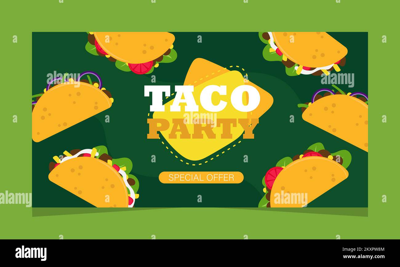 Mexican food service offer, web page. Landing banner with promo, vector illustration. Taco party. Stock Vector