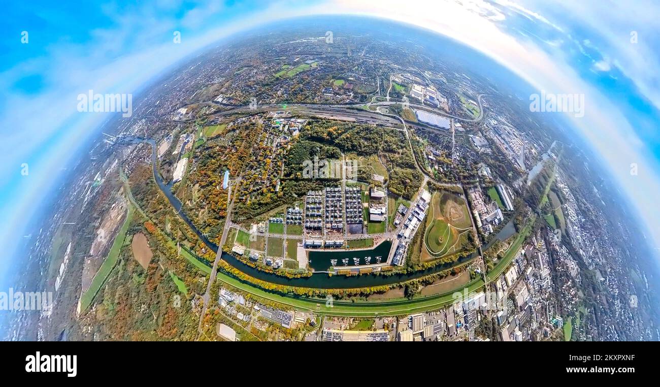 Aerial view, Graf Bismarck harbor district, marina, RhineHerne canal