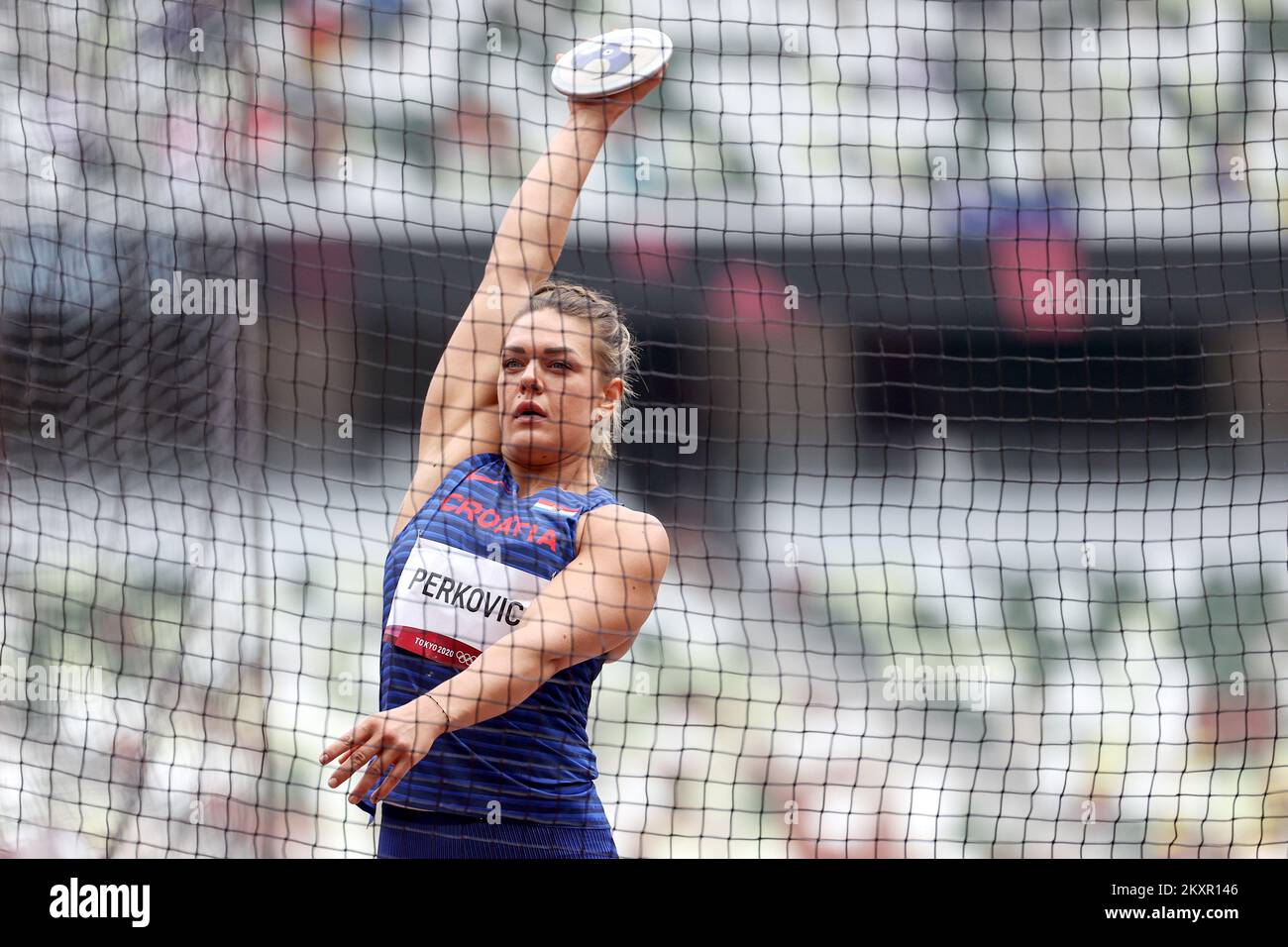 TOKYO, JAPAN - JULY 31: Sandra Perkovic of Team Croatia competes in the Women's Discus Throw Qualification on day eight of the Tokyo 2020 Olympic Games at Olympic Stadium on July 31, 2021 in Tokyo, Japan. Photo: Igor Kralj/PIXSELL Stock Photo