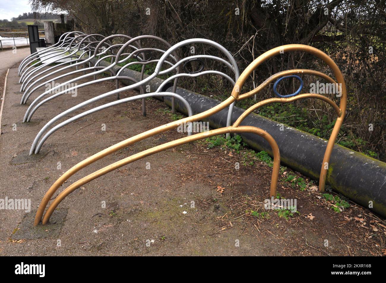 Interesting cycle rack, the shaped being modeled on the head of a wading bird. The cycle rack is on the tow path of the Exeter ship canal where it ent Stock Photo