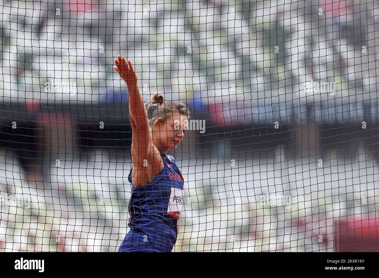 TOKYO, JAPAN - JULY 31: Sandra Perkovic of Team Croatia competes in the Women's Discus Throw Qualification on day eight of the Tokyo 2020 Olympic Games at Olympic Stadium on July 31, 2021 in Tokyo, Japan. Photo: Igor Kralj/PIXSELL Stock Photo
