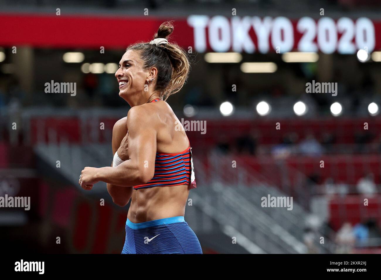 TOKYO, JAPAN AUGUST 02 Discus thrower, Valerie Allman of Team USA, celebrating gold medal in