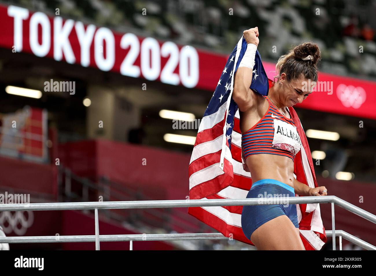 TOKYO, JAPAN AUGUST 02 Discus thrower, Valerie Allman of Team USA, celebrating gold medal in
