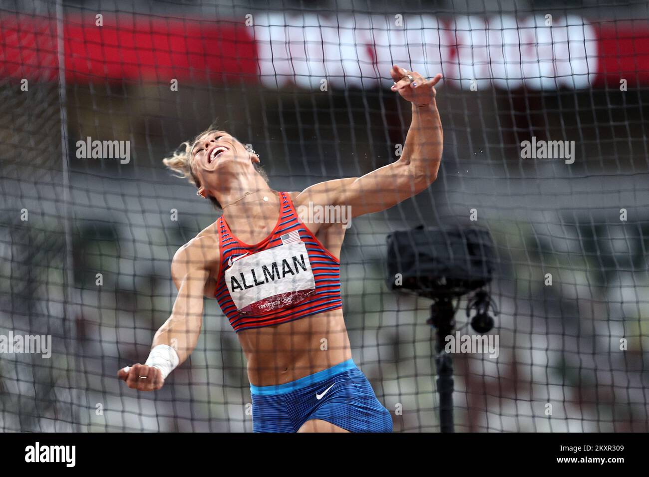 TOKYO, JAPAN AUGUST 02 Discus thrower, Valerie Allman of Team USA, celebrating gold medal in