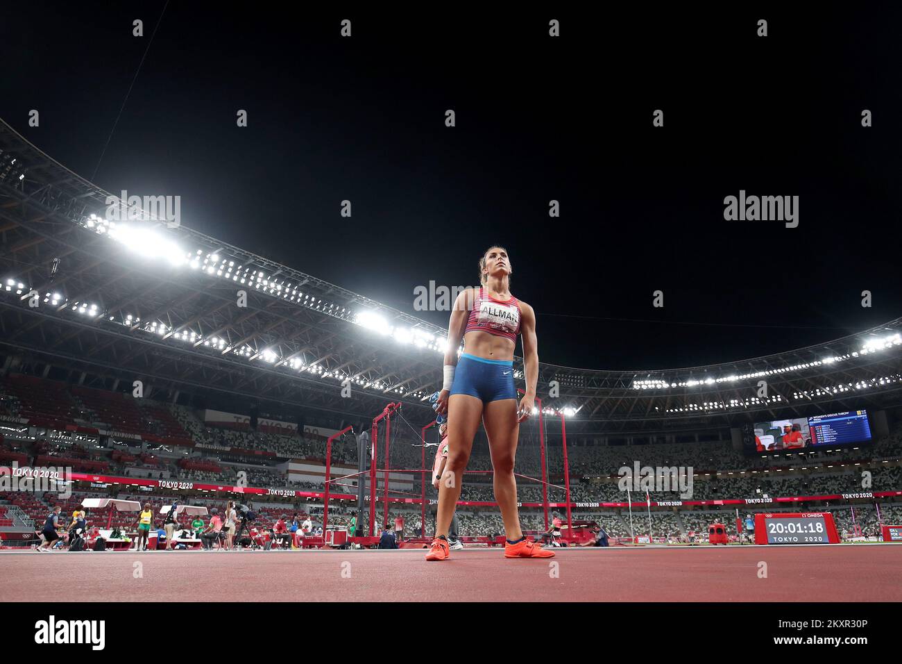 TOKYO, JAPAN AUGUST 02 Discus thrower, Valerie Allman of Team USA, celebrating gold medal in