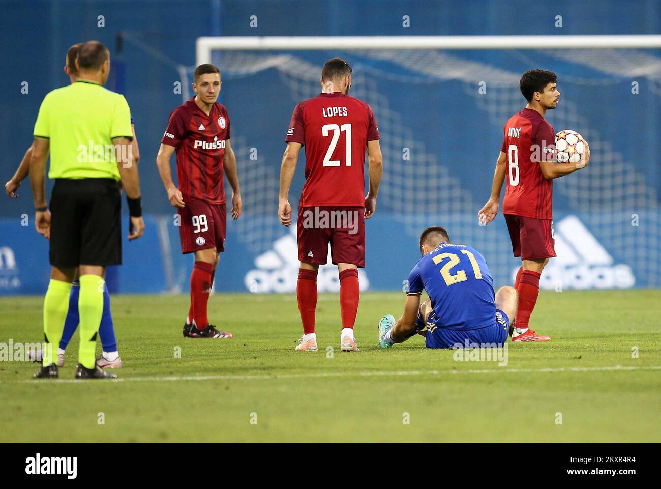 Croatia, Zagreb - AUGUST 4, 2021 Bartosz Slisz, Rafael Lopes, Bruno Petkovic, Andre Martins during UEFA Champions League third qualifying round Leg 1 football match between Dinamo Zagreb and Legia Warsaw on Maksimir Stadium. Photo: Matija Habljak/PIXSELL Stock Photo