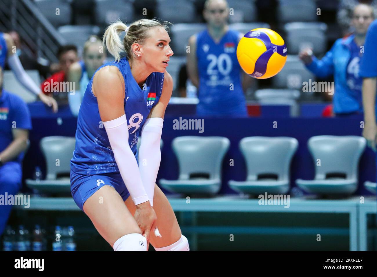 ZADAR, CROATIA - AUGUST 21: Katsiaryna Sakolchyk of Belarus receives the bal during the CEV EuroVolley 2021 Pool C match between Belarus and Croatia at Kresimir Cosic Hall in Visnjik Sports Center on August 21, 2021 in Zadar, Croatia. Photo: Luka Stanzl/Pixsell Stock Photo