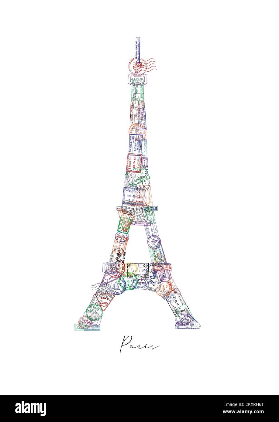 Eiffel tower made from a passport stamps different countries with lettering Paris poster Stock Photo