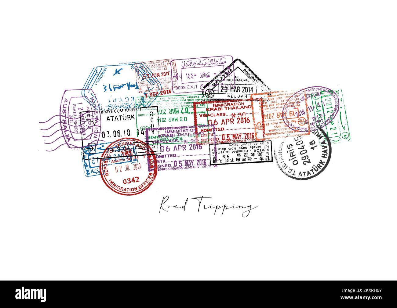 Car made from a passport stamps different countries with lettering road tripping poster Stock Photo