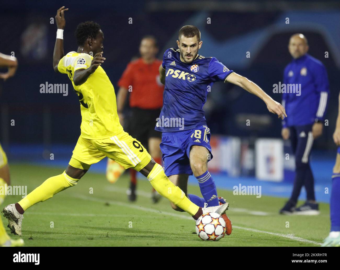 Adama Traore of Sheriff and Bartol Franjic of Dinamo in action during the UEFA Champions League Play-Offs Leg Two match between Dinamo Zagreb and FC Sheriff at Maksimir Stadium on August 25, 2021 in Zagreb, Croatia. Photo: Slavko Midzor/Pixsell Stock Photo