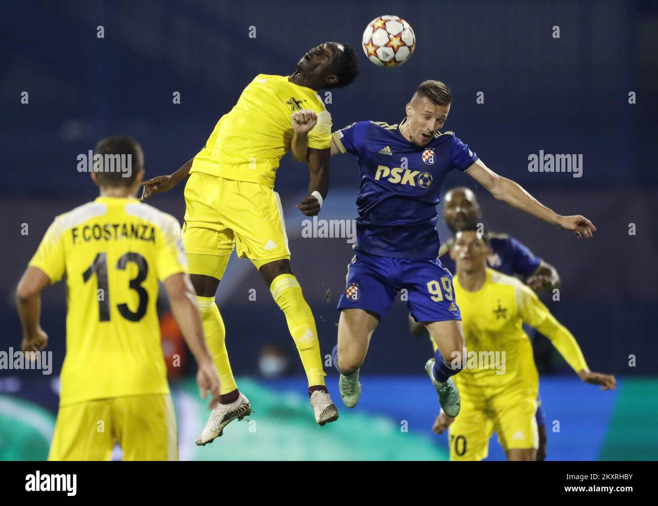 Adama Traore of Sheriff gets up for a header during the UEFA Champions League Play-Offs Leg Two match between Dinamo Zagreb and FC Sheriff at Maksimir Stadium on August 25, 2021 in Zagreb, Croatia. Photo: Slavko Midzor/Pixsell Stock Photo