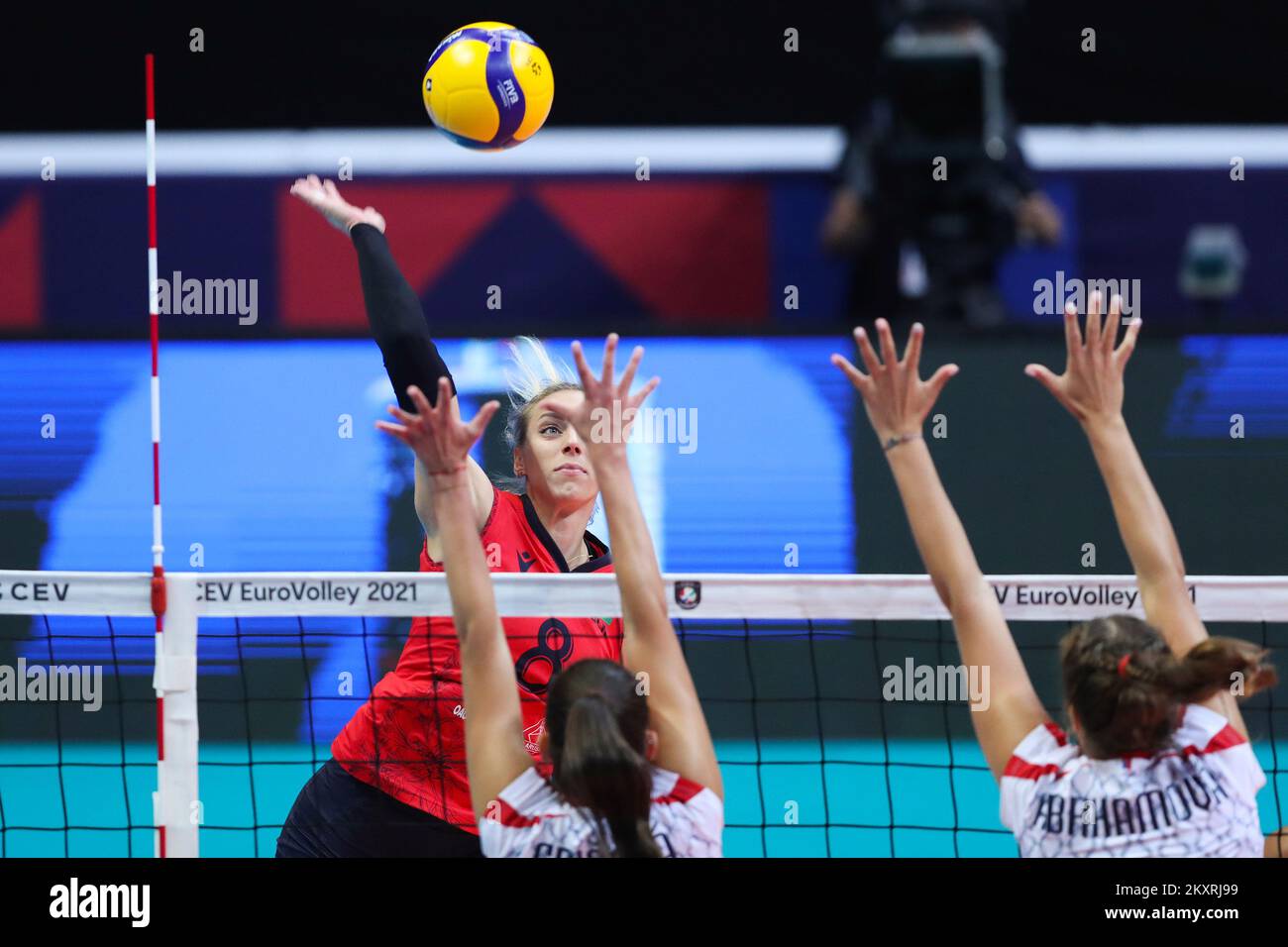 ZADAR, CROATIA - AUGUST 26: Katsiaryna Sakolchyk of Belarus spikes during the CEV EuroVolley 2021 Pool C match between Slovakia and Belarus at Kresimir Cosic Hall in Visnjik Sports Center on August 26, 2021 in Zadar, Croatia. Photo: Luka Stanzl/PIXSELL Stock Photo