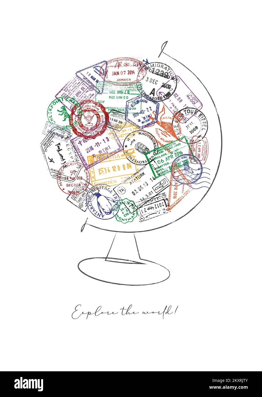 Globe made from a passport stamps different countries with lettering explore the world poster Stock Photo