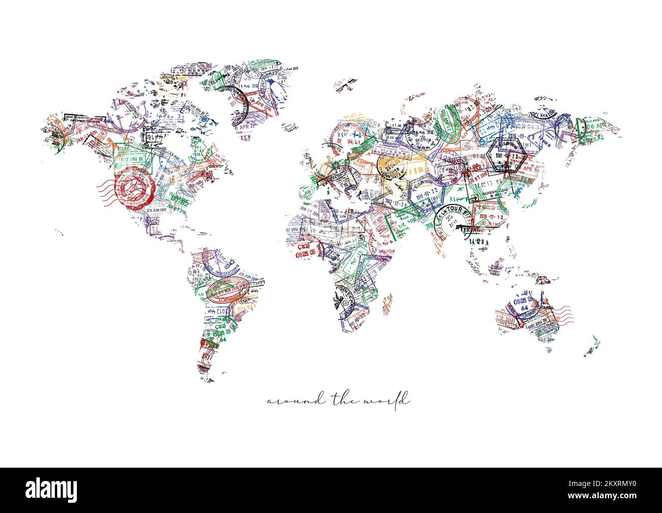 Travel worldmap made from a passport stamps different countries with lettering around the world poster Stock Photo