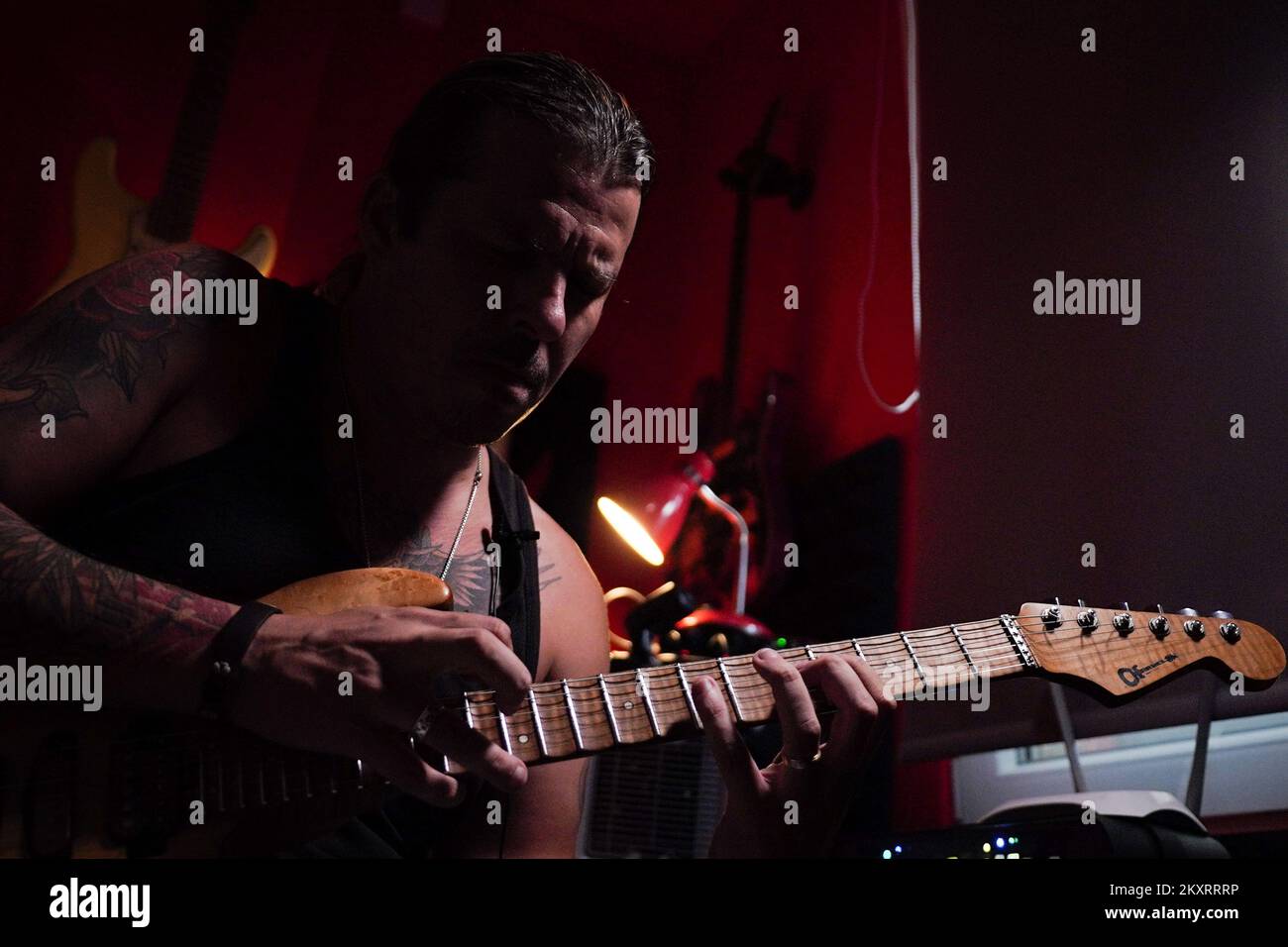 The best guitarist in the world Igor Paspalj plays guitar in a studio in Banja Luka Bosnia and Herzegovina on September 9 2021. Igor Paspalj was named the best guitarist in the world for 2020 as part ...
