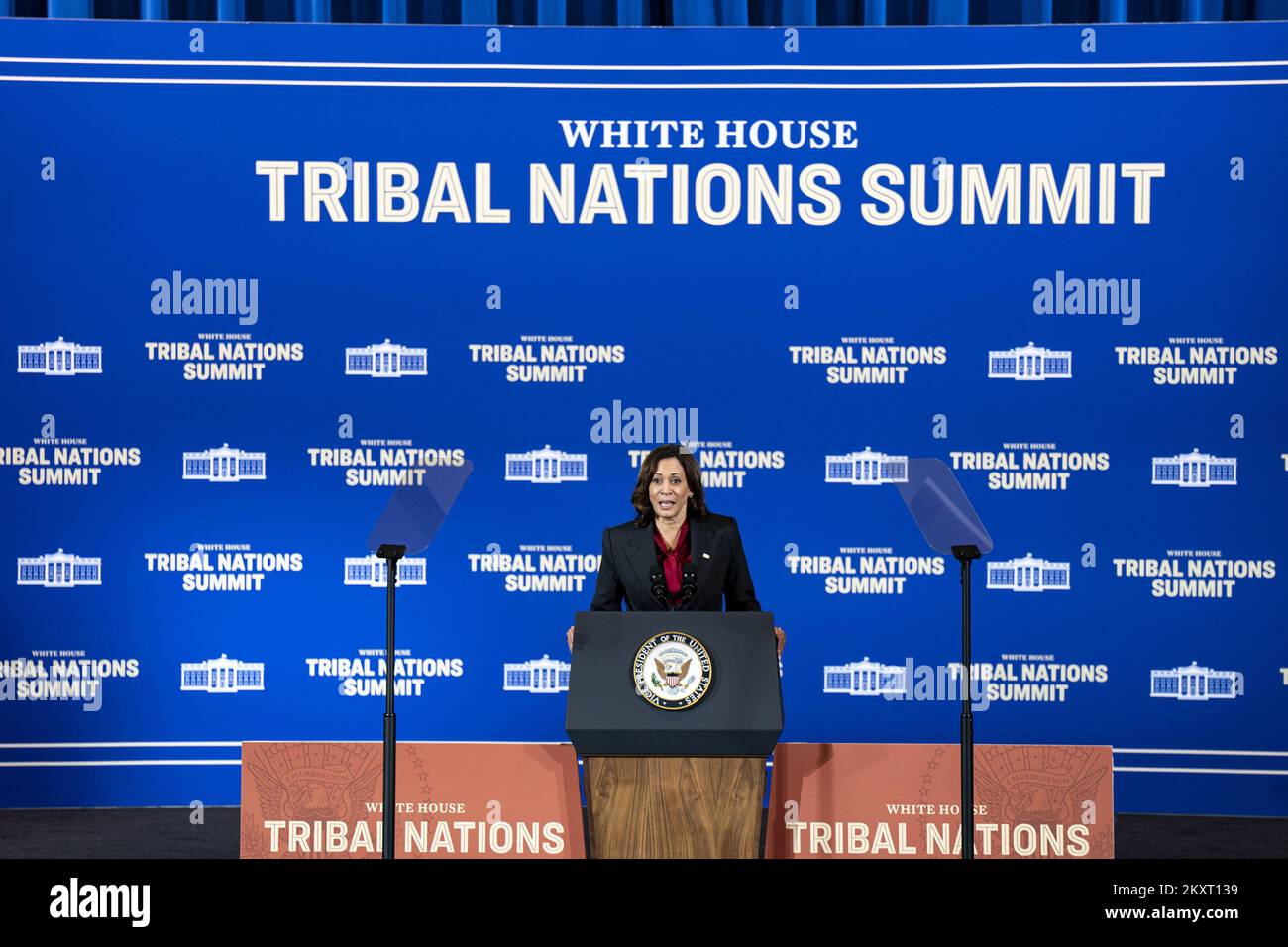 Washington, United States. 30th Nov, 2022. Vice President Kamala Harris speaks at the White House Tribal Nations Summit at the Department of the Interior in Washington, DC, on Wednesday, November 30, 2022. The summit is allowing federal officials and Tribal leaders to engage about ways to invest in and strengthen Native communities, according to the White House. Photo by Al Drago/UPI Credit: UPI/Alamy Live News Stock Photo