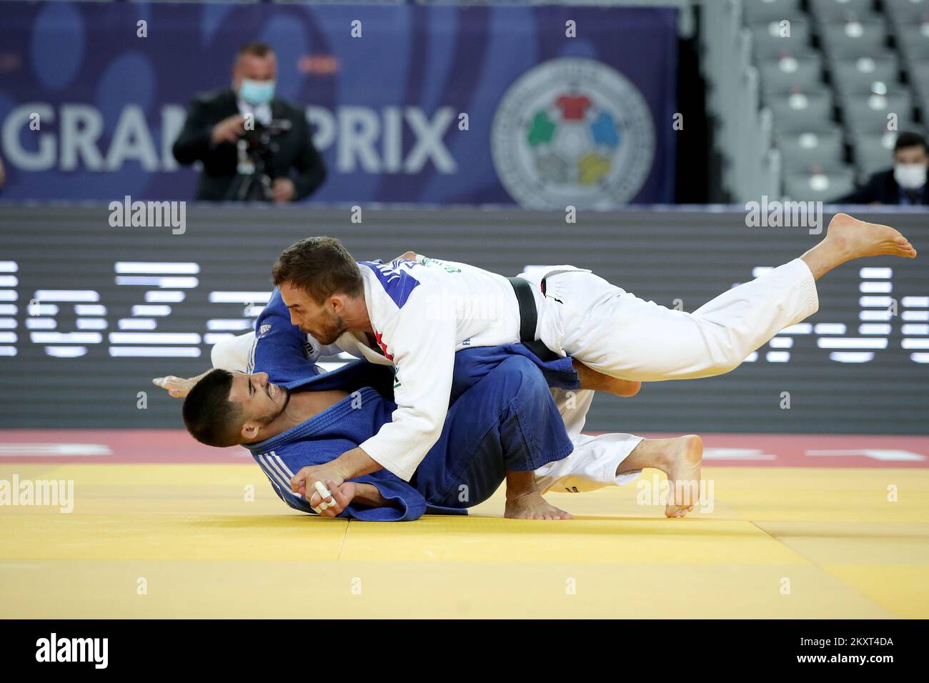 Matan Kokolayev of Israel (blue) and Samuel Hall of Great Britain compete in the Men's -60kg semifinal match during day one of the Judo Grand Prix Zagreb 2021 at Arena Zagreb in Zagreb, Croatia on September 24, 2021. Photo: Igor Kralj/PIXSELL Stock Photo