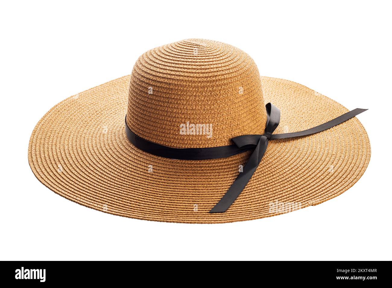 Womens summer yellow straw hat with black ribbon on white background Stock Photo