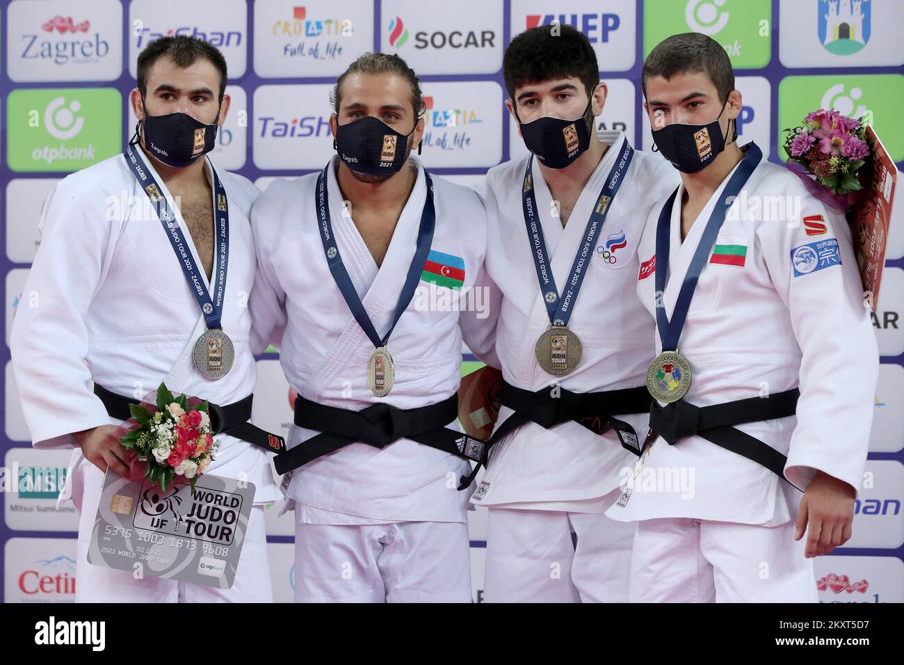 ZAGREB, CROATIA - SEPTEMBER 25: (L-R) Silver medalist Victor Sterpu of Moldova, gold medalist Hidayet Heydarov of Azerbaijan and bronze medalists Makhmadbek Makhmadbekov of Russia and Mark Hristov of Bulgaria during the Men's -73kg medal ceremony on day two of the Judo Grand Prix Zagreb 2021 at Arena Zagreb in Zagreb, Croatia on September 25, 2021. Photo: Igor Kralj/PIXSELL Stock Photo