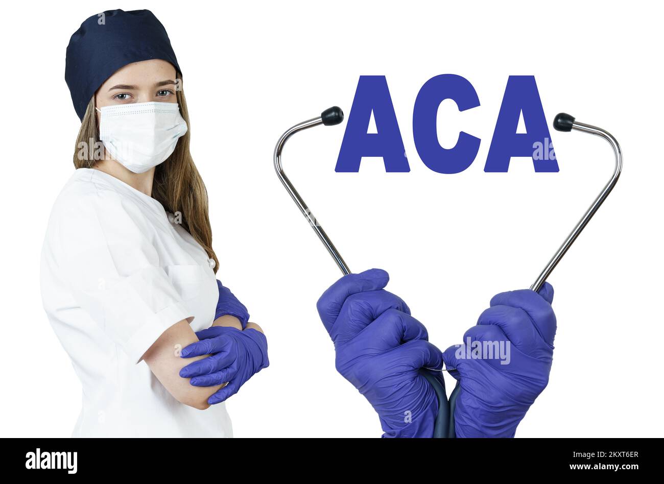 Health care and medicine concept. The doctor is holding a stethoscope, in the middle there is a text - ACA. AFFORDABLE CARE ACT. Stock Photo