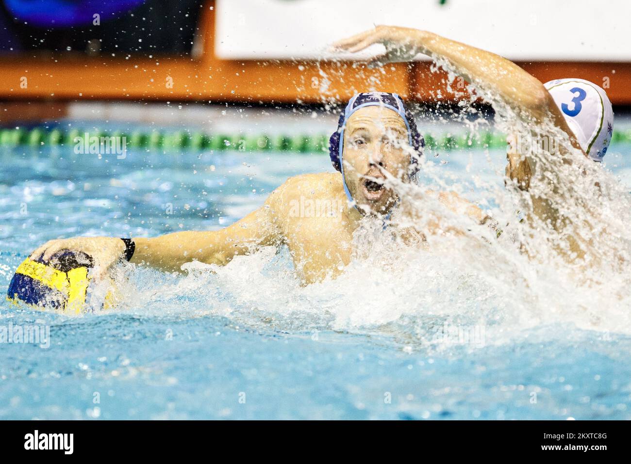 Adrian Delgado Baches of Barcelona takes a goal during the Champions League Qualification Round 2, Goup F waterpolo match Jadran Split and CN Barcelona on Octorber 9, 2021 at Poljud pools in Split, Croatia. Photo: Milan Sabic/PIXSELL Stock Photo