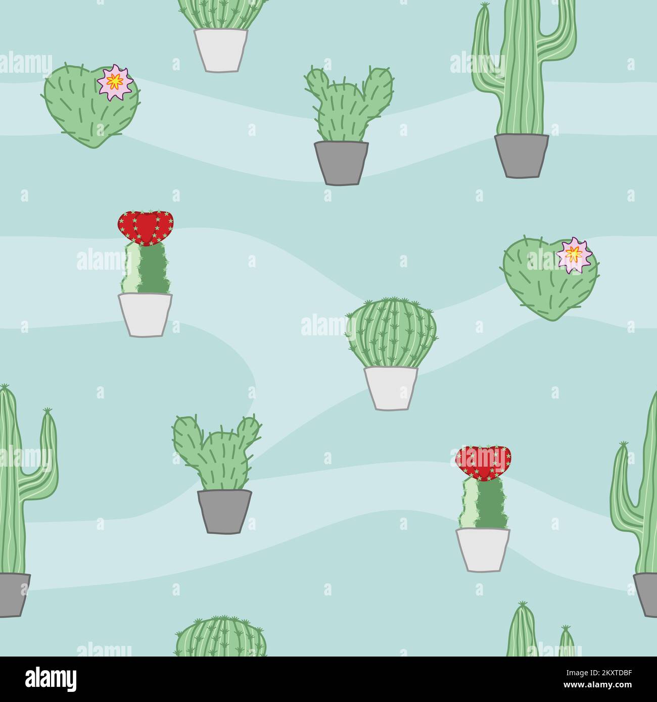 Different cartoon cacti in pots, seamless pattern Stock Vector Image ...