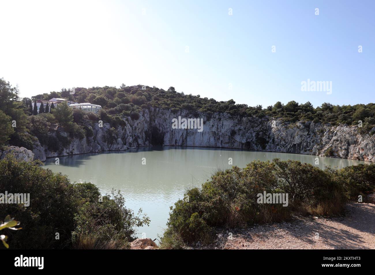 The picture shows sea lake Zmajevo oko (Dragon's eye) near Rogoznica, which has been declared the greatest mystery of the eastern Adriatic coast, has become muddy again and a stench reminiscent of rotten eggs is spreading around it. This cataclysm caused the death of living organisms., in Sibenik, Croatia, on October 15, 2021. Photo: Dusko Jaramaz/PIXSELL Stock Photo