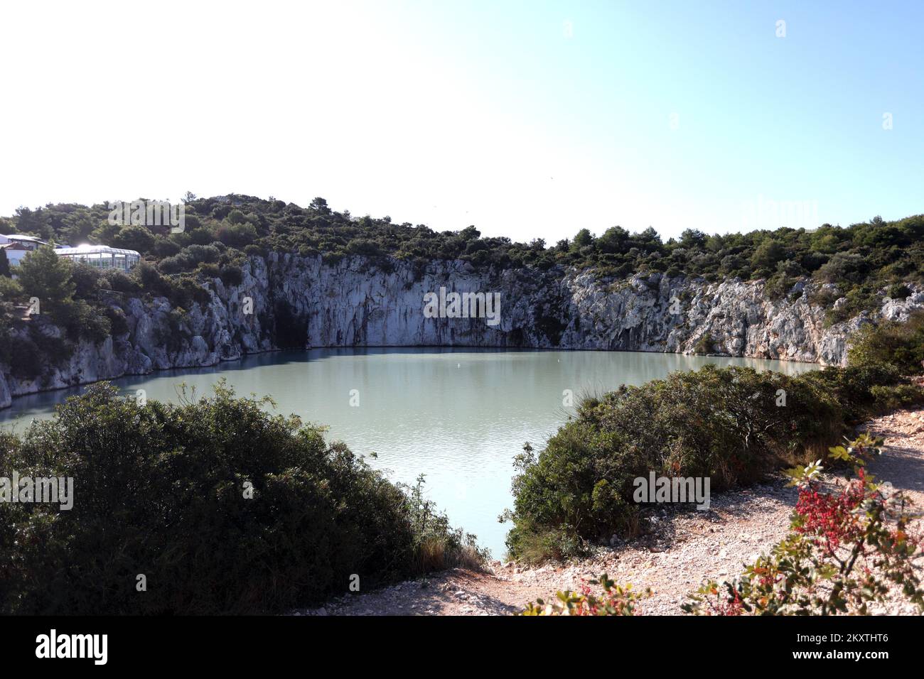 The picture shows sea lake Zmajevo oko (Dragon's eye) near Rogoznica, which has been declared the greatest mystery of the eastern Adriatic coast, has become muddy again and a stench reminiscent of rotten eggs is spreading around it. This cataclysm caused the death of living organisms., in Sibenik, Croatia, on October 15, 2021. Photo: Dusko Jaramaz/PIXSELL Stock Photo
