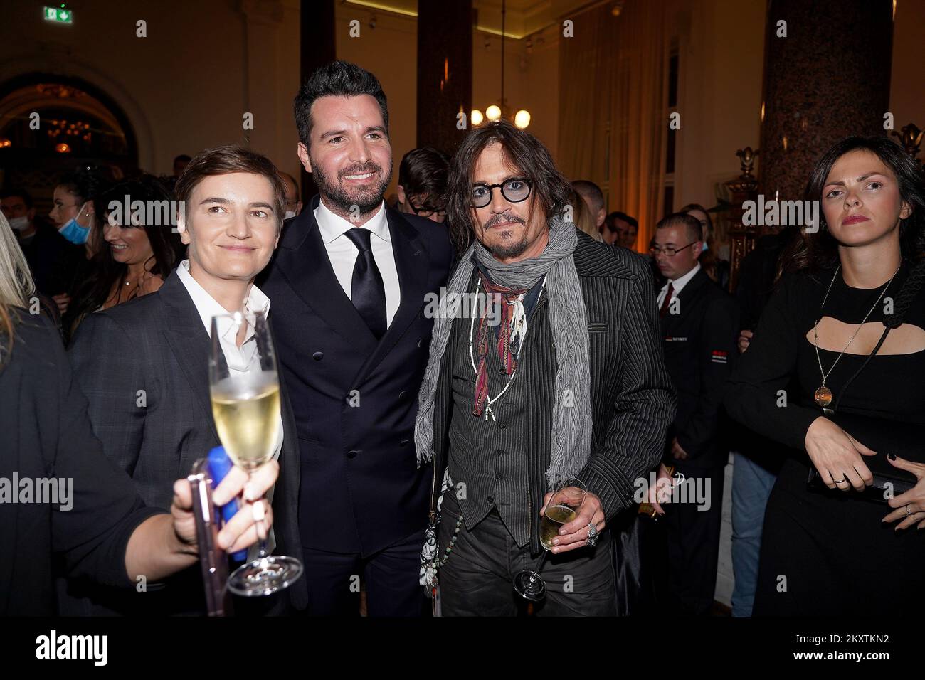 Prime minister of Serbia Ana Brnabic, Andrea Iervolino and Johnny Depp pose for photo on the reception on the occasion of marking the first year of work in Serbia of the animation studio Iervolino Studios and the promotion of the first animated series, created in cooperation with a strategic partner, Archangel Digital Studios, in Belgrade, Serbia, on October 19, 2021. Photo: Antonio Ahel/ATAImages/PIXSELL Stock Photo