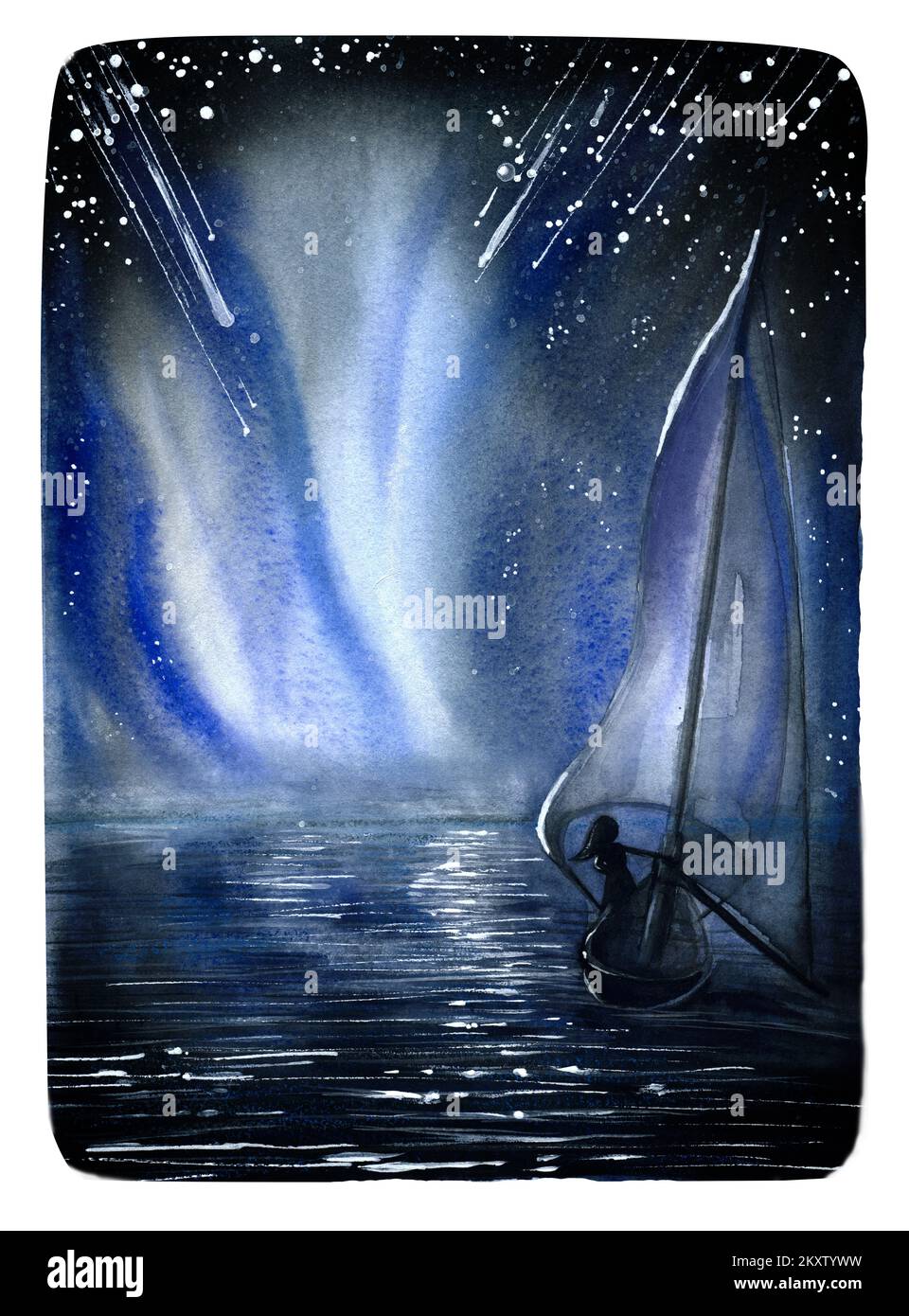 Landscape of the night ocean and starfall. Watercolor painting. Stock Photo