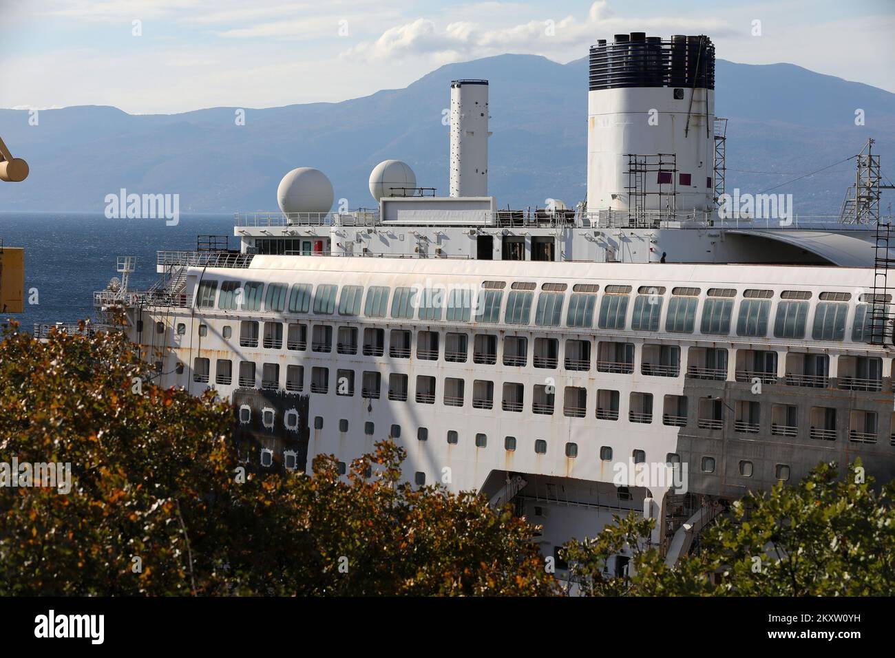 The Satoshi cruiser is being overhauled at the Viktor Lenac shipyard on 05.  November, 2021 in Rijeka, Croatia. Ambassador Cruise Line owns the ship,  and will rename it Ambience. The ship was