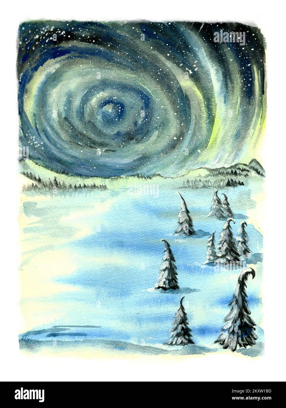Night winter watercolor landscape. Northern Lights in winter in the night sky. Stock Photo