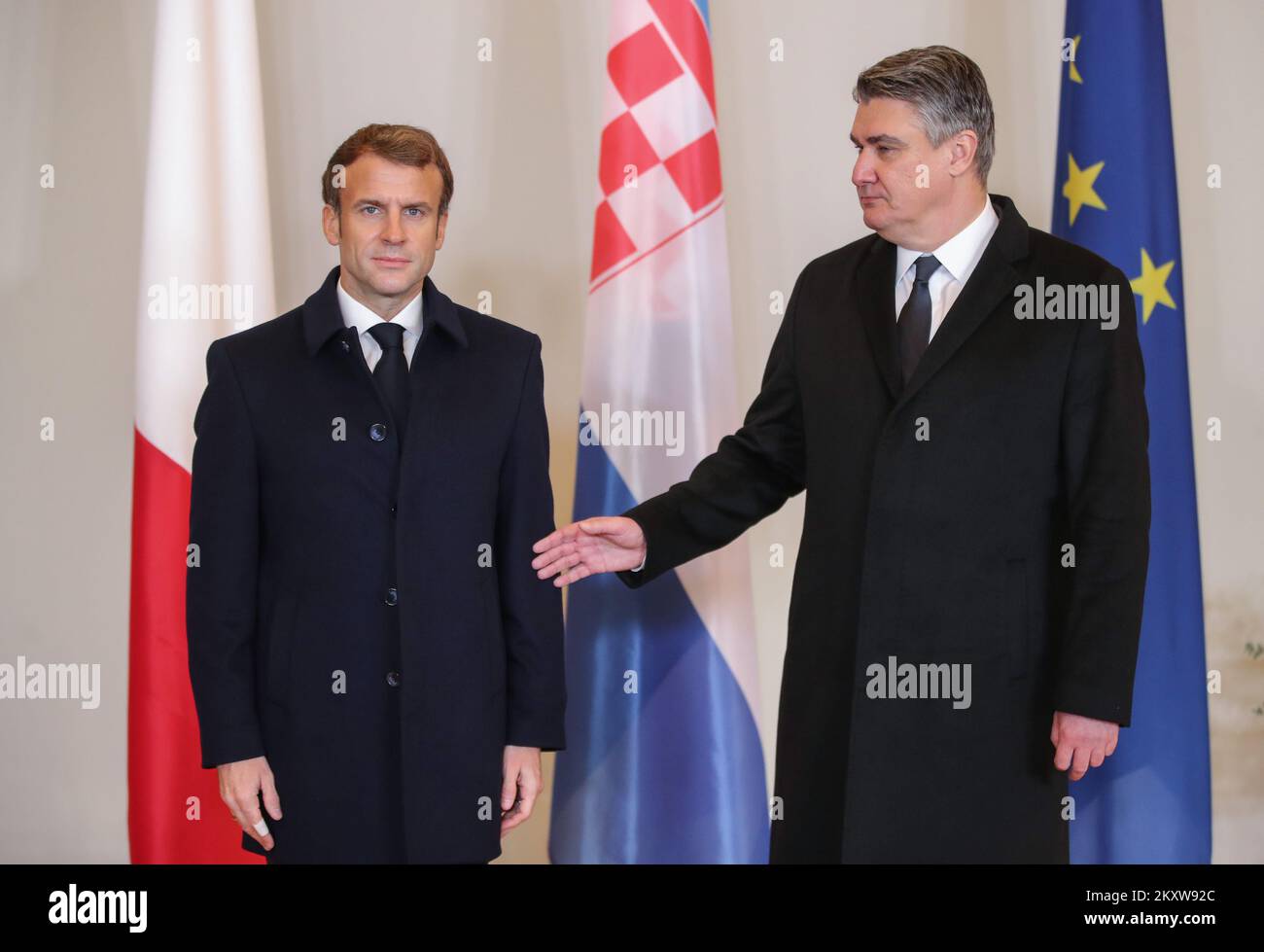 President of Croatia Zoran Milanovic and President of France Emmanuel Macron in conversation ahead of the tÃªte-Ã -tÃªte meeting at the Office of the President, in Zagreb, Croatia, on November 25, 2021. Photo: Sanjin Strukic/PIXSELL Stock Photo