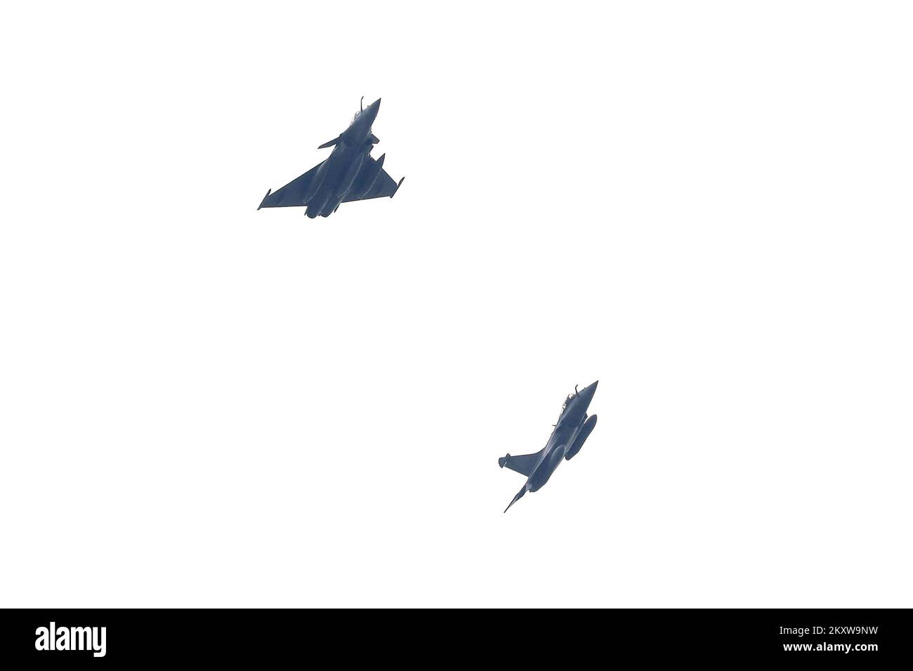 Two fighter planes flew over Zagreb, Croatia on November 25, 2021. After the meeting between Prime Minister Andrej PlenkoviÄ‡ and French President Emmanuel Macron, two Rafale fighter planes that Croatia buys from France flew over Zagreb. Photo: Patrik Macek/PIXSELL Stock Photo
