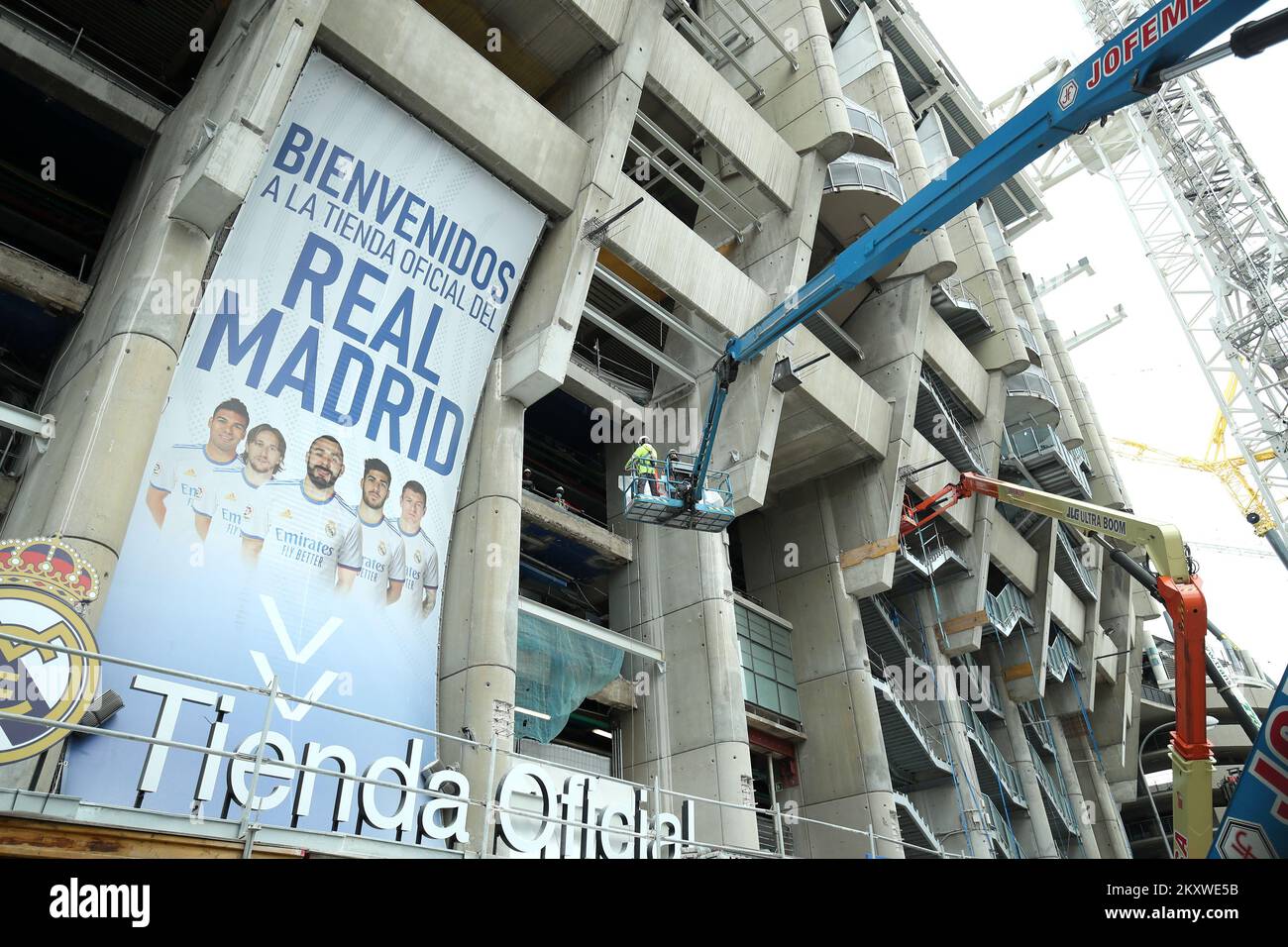 Workers are working on the renovation of the Santiago Bernabeu Stadium in Madrid, Spain on December 4, 2021. Renovation work is underway at Real's Santiago Bernabeu Stadium. The attractive building in the city itself is especially attractive because of the works that are taking place on it. Many curious people pass by and admire this magnificent edition. Photo: Sanjin Strukic/PIXSELL Stock Photo