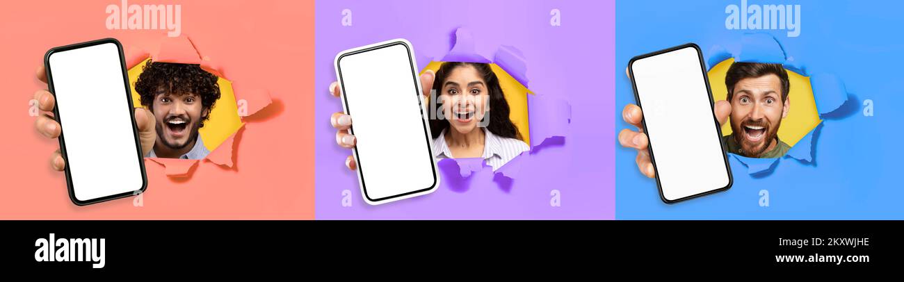Multiracial young people posing in torns, showing smartphones, mockup, collage Stock Photo