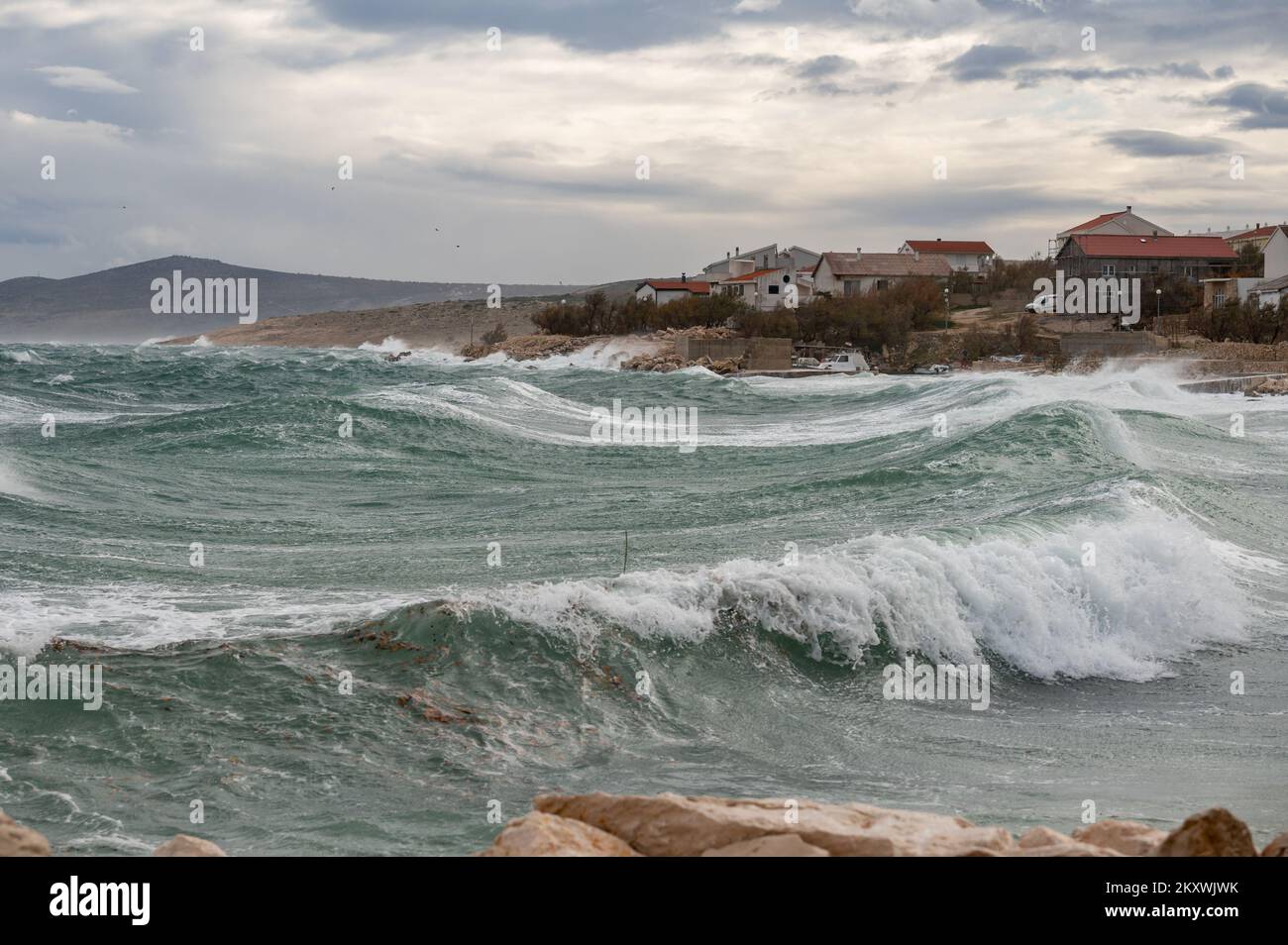 Waves brake as gusts of wind hits 130 kph in Razanac, Croatia on December 11, 2021. Extreme weather warning for Croatia is issued, with the possibility of large-scale damage by weather website Meteoalarm. Photo: Dino Stanin/PIXSELL Stock Photo