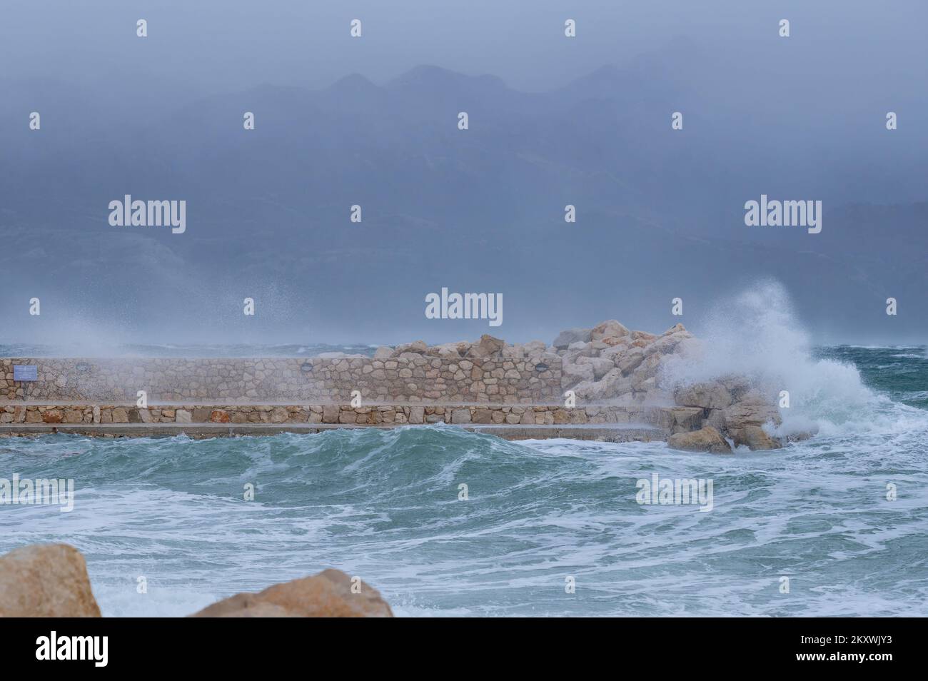 Waves brake as gusts of wind hits 130 kph in Razanac, Croatia on December 11, 2021. Extreme weather warning for Croatia is issued, with the possibility of large-scale damage by weather website Meteoalarm. Photo: Dino Stanin/PIXSELL Stock Photo