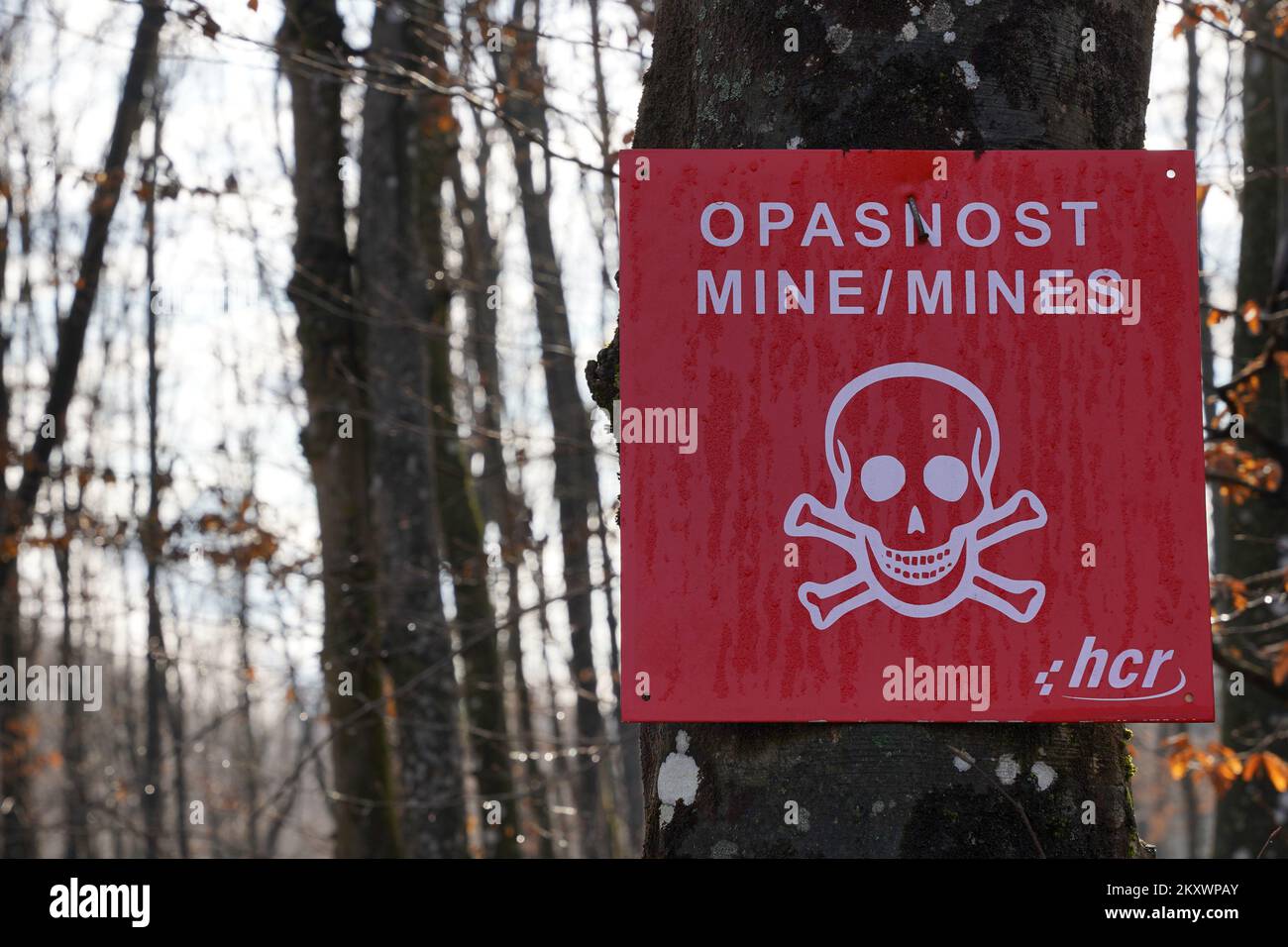 Photo taken on December 17, 2021, shows land mine warning sign at