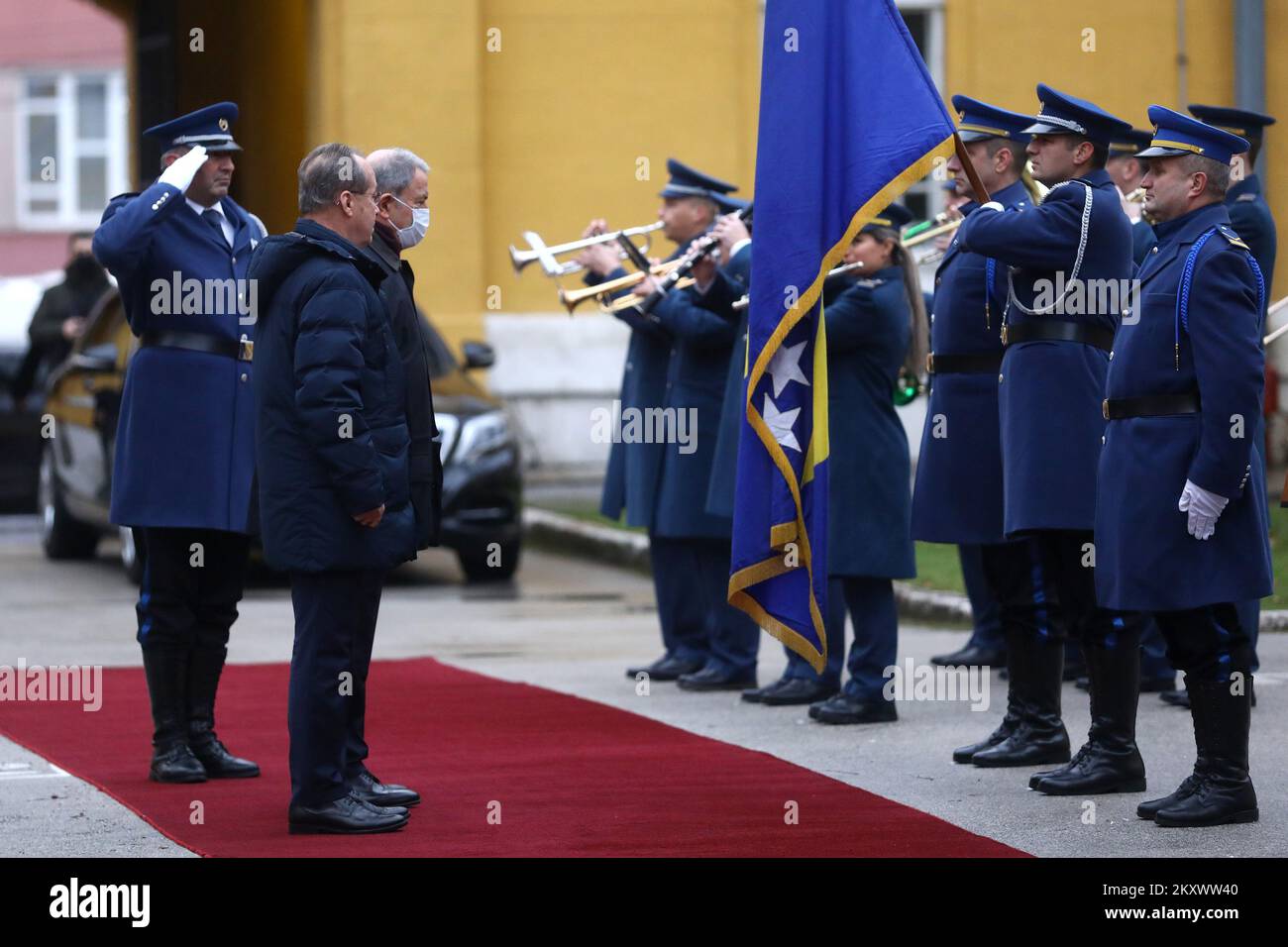Turkish Minister of Defense Hulusi Akar and Bosnian Minister of Defense Sifet Podzic at the official welcoming ceremony, in Sarajevo, Bosnia and Herzegovina, on December 27, 2021. Photo: Armin Durgut/PIXSELL Stock Photo