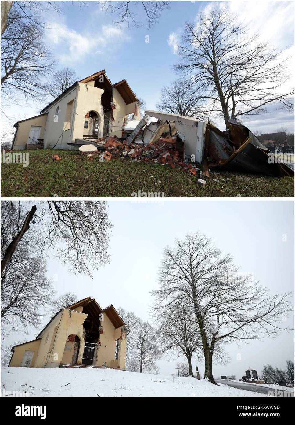 Combo photo shows a church damaged in earthquake on December 30, 2020. in village Novo Selo Glinsko, near Glina, Croatia (upper, Photo: Robert Anic/PIXSELL) and same church one year after the earthquake in Croatia, on December 27, 2021. Photo: Marko Lukunic/PIXSELL. On 29 December 2020, an earthquake of magnitude 6.4 hit central Croatia, with an epicenter located roughly 3 km west-southwest of Petrinja. Before this event there were three foreshocks, the strongest of which had a magnitude of 5.2 on the day before. The adversely affected areas were mostly in the Sisak-Moslavina County and other  Stock Photo